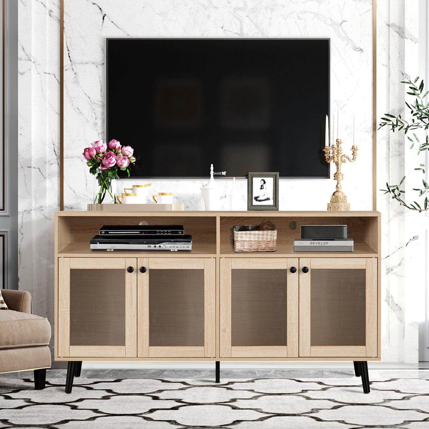 56" Mid-Century Modern Natural TV Stand with Round Black Knobs and Metal Accents
