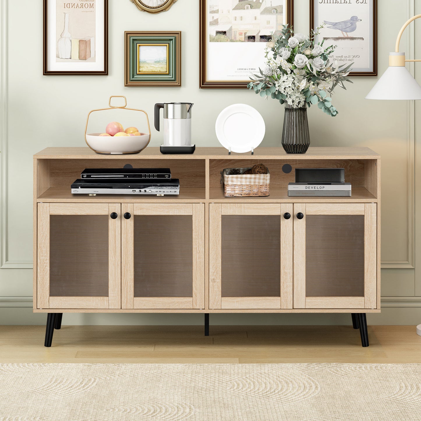 56" Mid-Century Modern Natural TV Stand with Round Black Knobs and Metal Accents