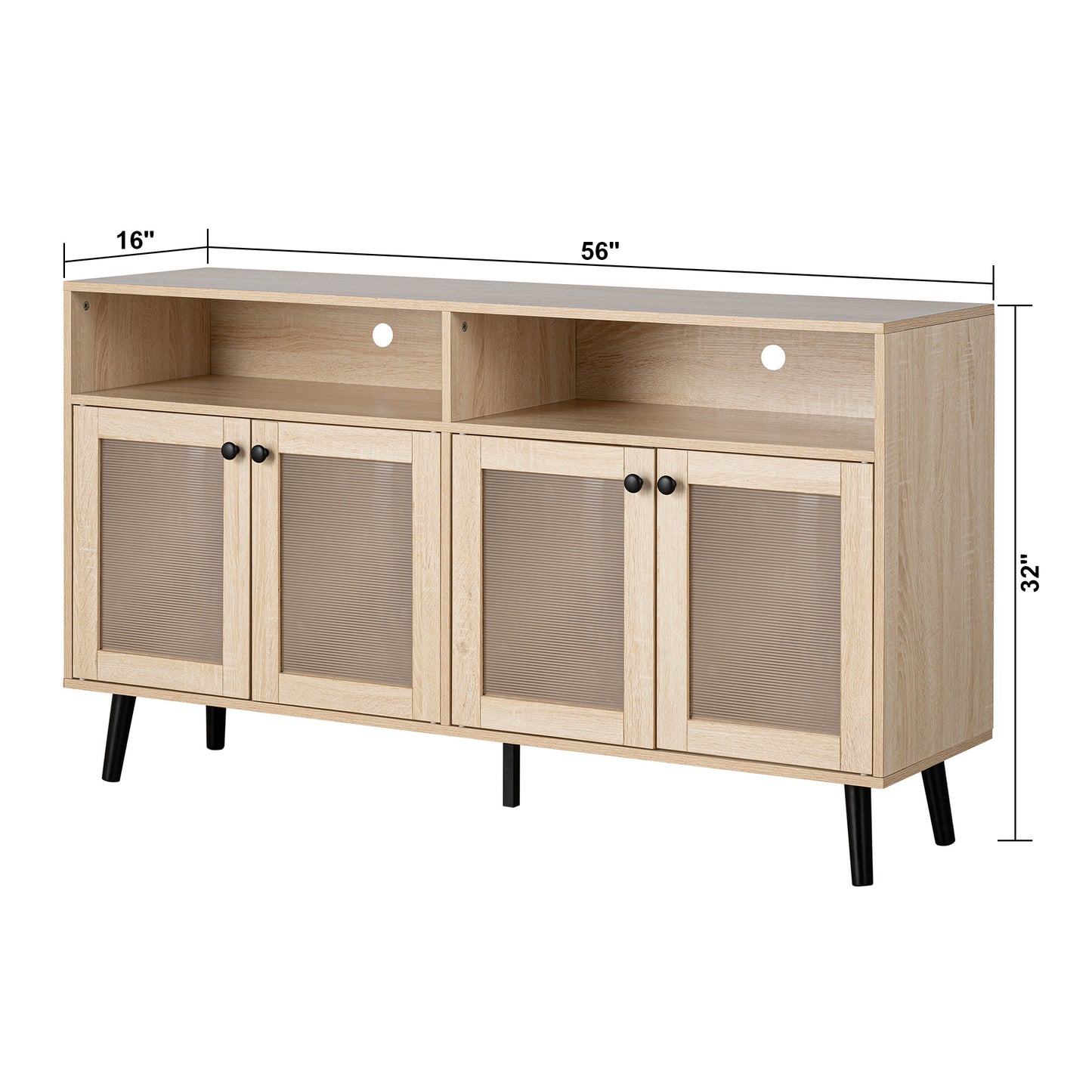 56" Mid-Century Modern Natural TV Stand with Round Black Knobs and Metal Accents