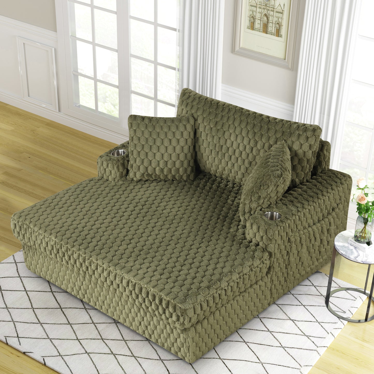 Olive Green Contemporary 2-Arm Chaise Lounge with Faux Fur and Cup Holders