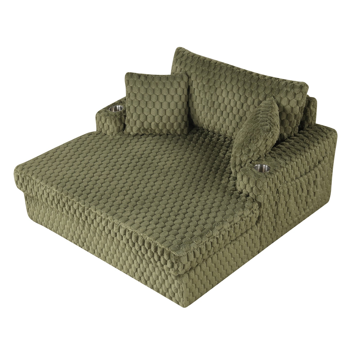 Olive Green Contemporary 2-Arm Chaise Lounge with Faux Fur and Cup Holders