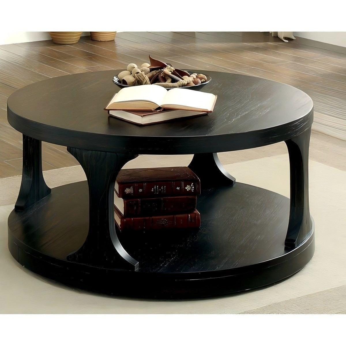 36" Round Traditional Coffee Table in Antique Black with Open Shelf