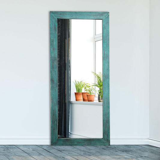 IHOMEADORE 27.6" W x 63" H Rectangle Antiqued Teal Wood Frame Classic Floor Mirror, Modern