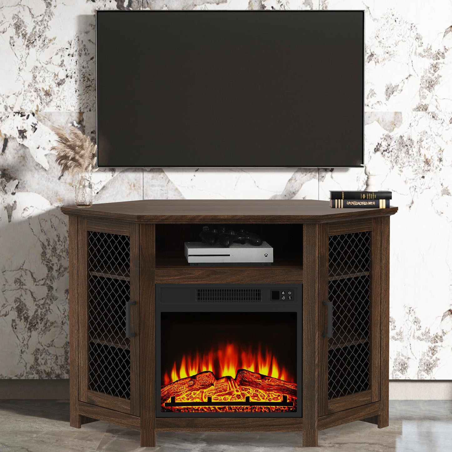 IHOMEADORE 47" Brown TV Stand with 18" Insert Electric Fireplace for TVs up to 55", Farmhouse