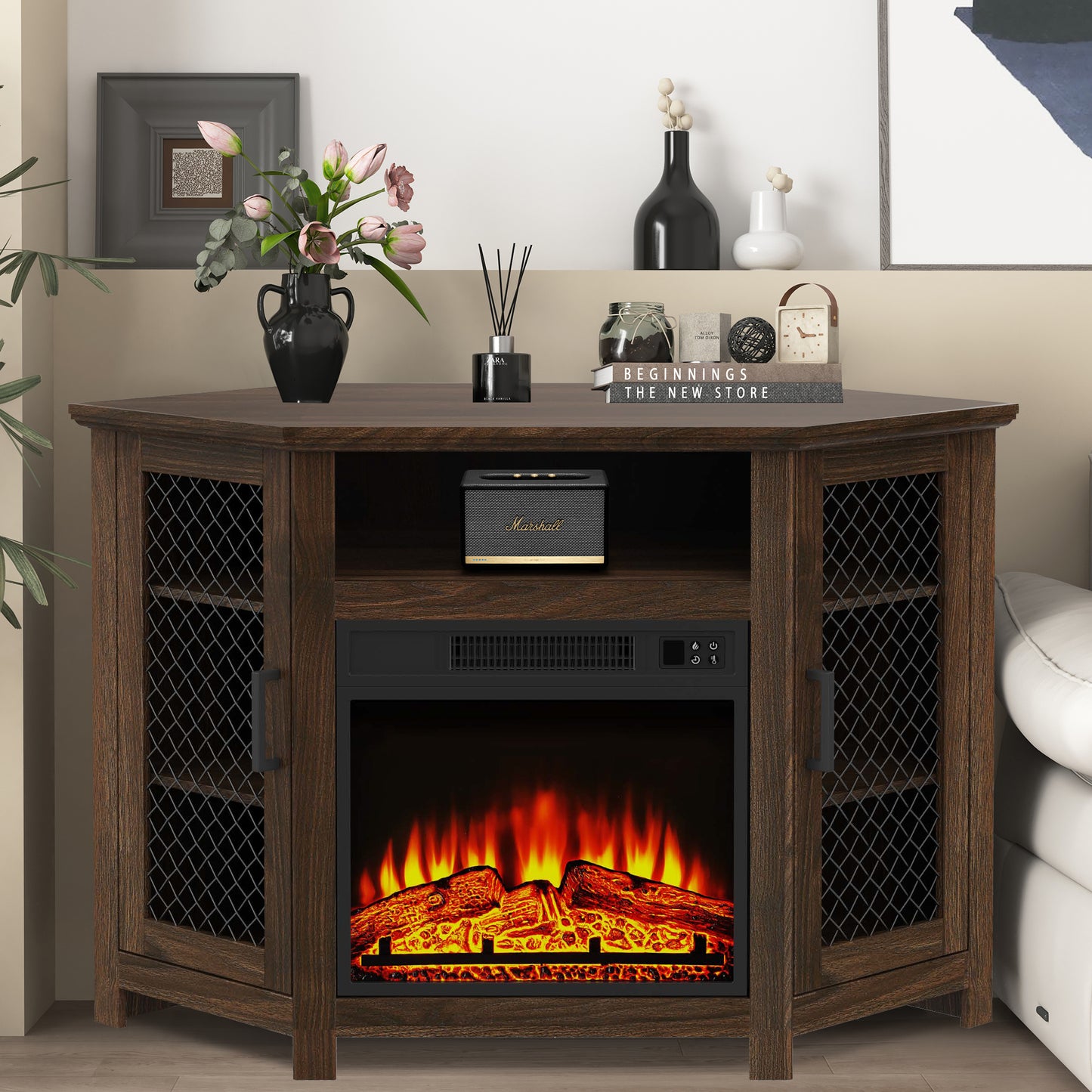 IHOMEADORE 47" Brown TV Stand with 18" Insert Electric Fireplace for TVs up to 55", Farmhouse