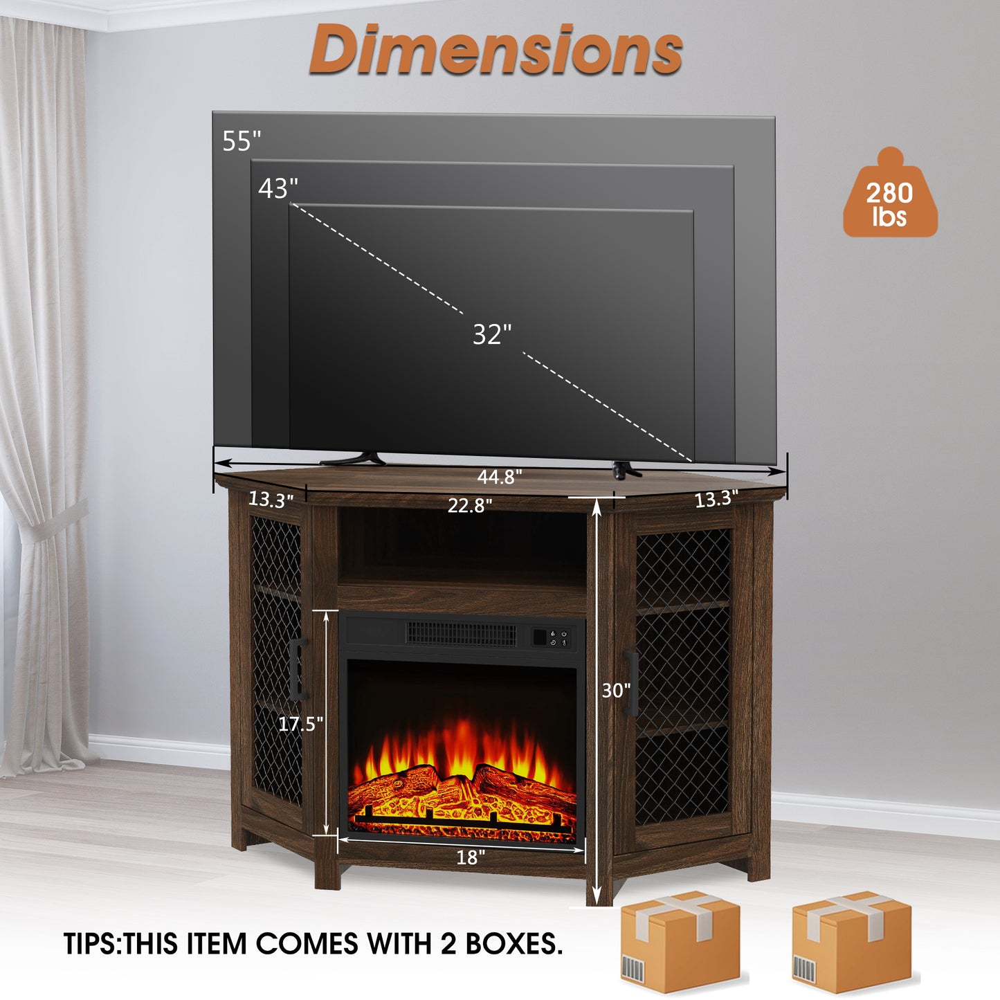 IHOMEADORE 47" Brown TV Stand with 18" Insert Electric Fireplace for TVs up to 55", Farmhouse