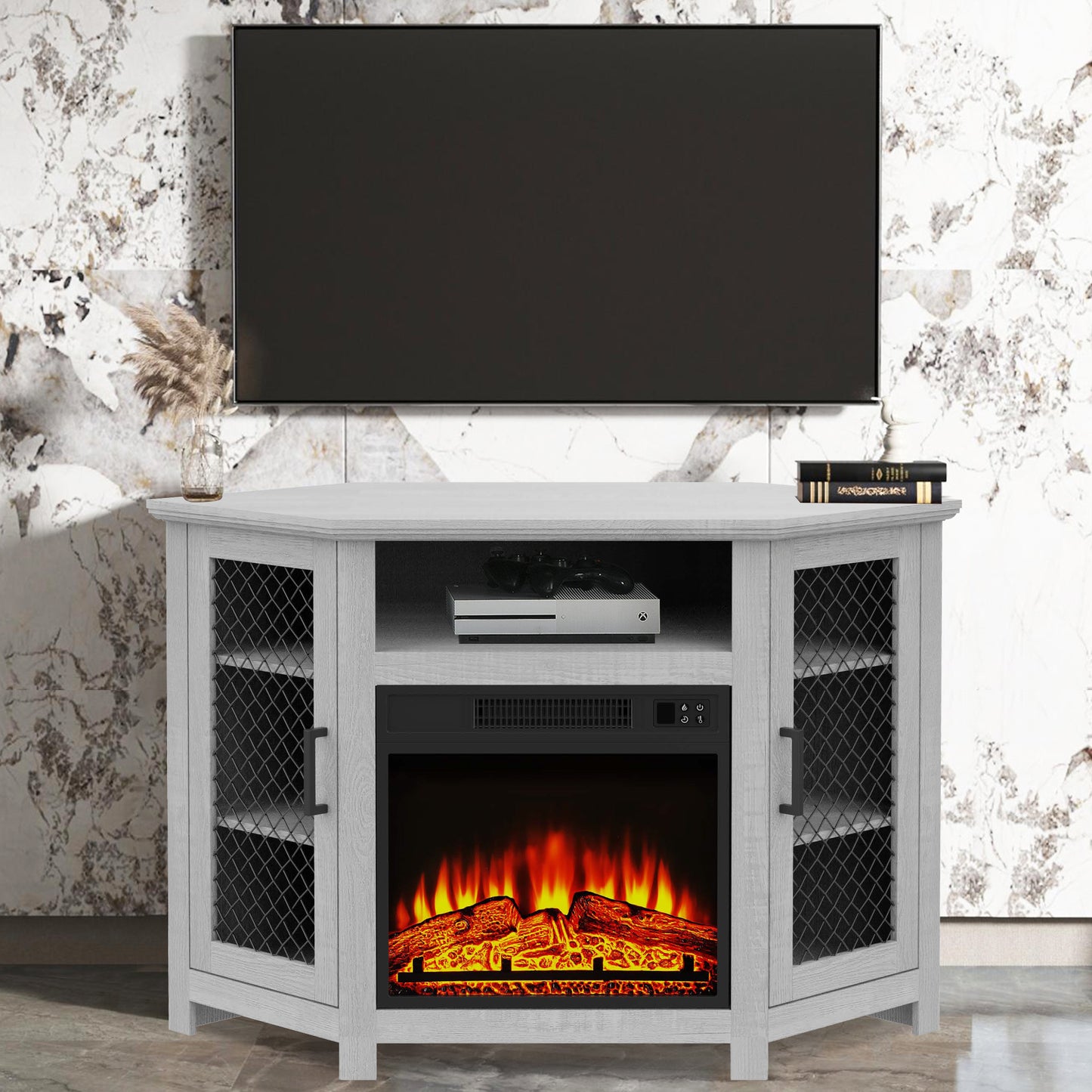 IHOMEADORE 47" White TV Stand with 18" Insert Electric Fireplace for TVs up to 55", Farmhouse