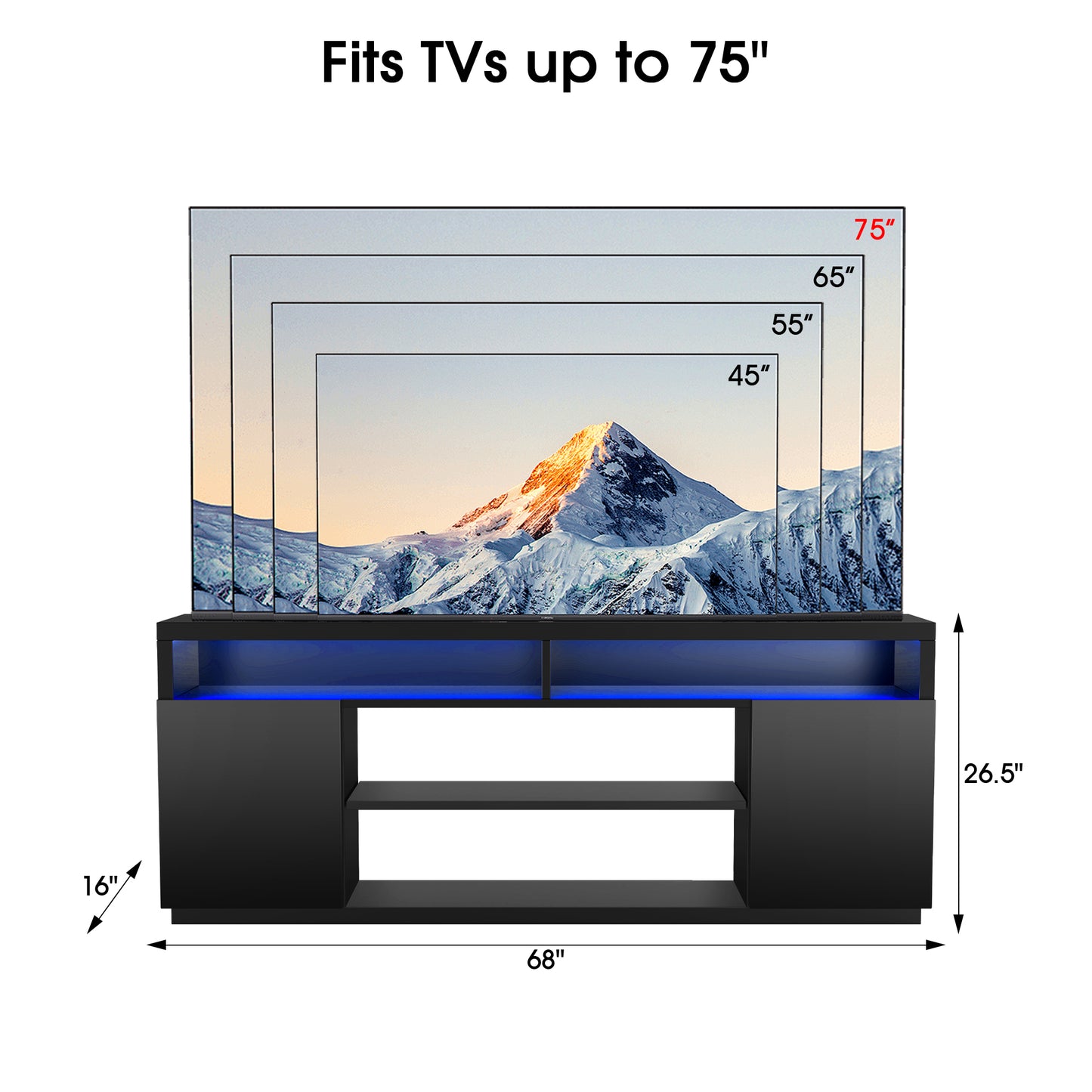 IHOMEADORE 68" Black 4-Shelves LED Storage TV Stand for TVs up to 75", Modern