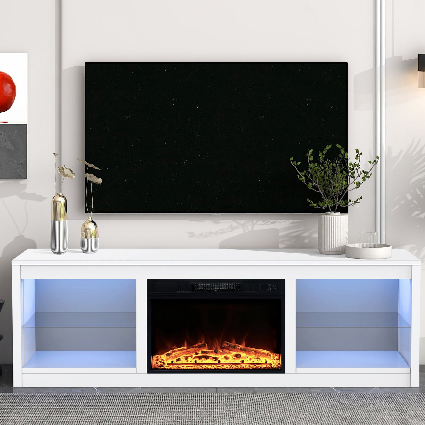 IHOMEADORE 66" W White Storage TV Stand with Electric Fireplace for TVs up to 75", Modern