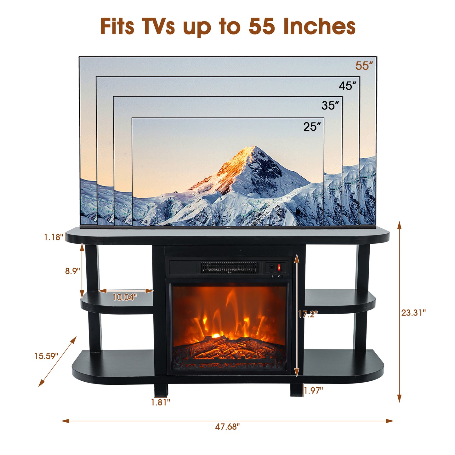 IHOMEADORE 48" Black Shelves TV Stands Console Table with 18" Electric Fireplace, Modern