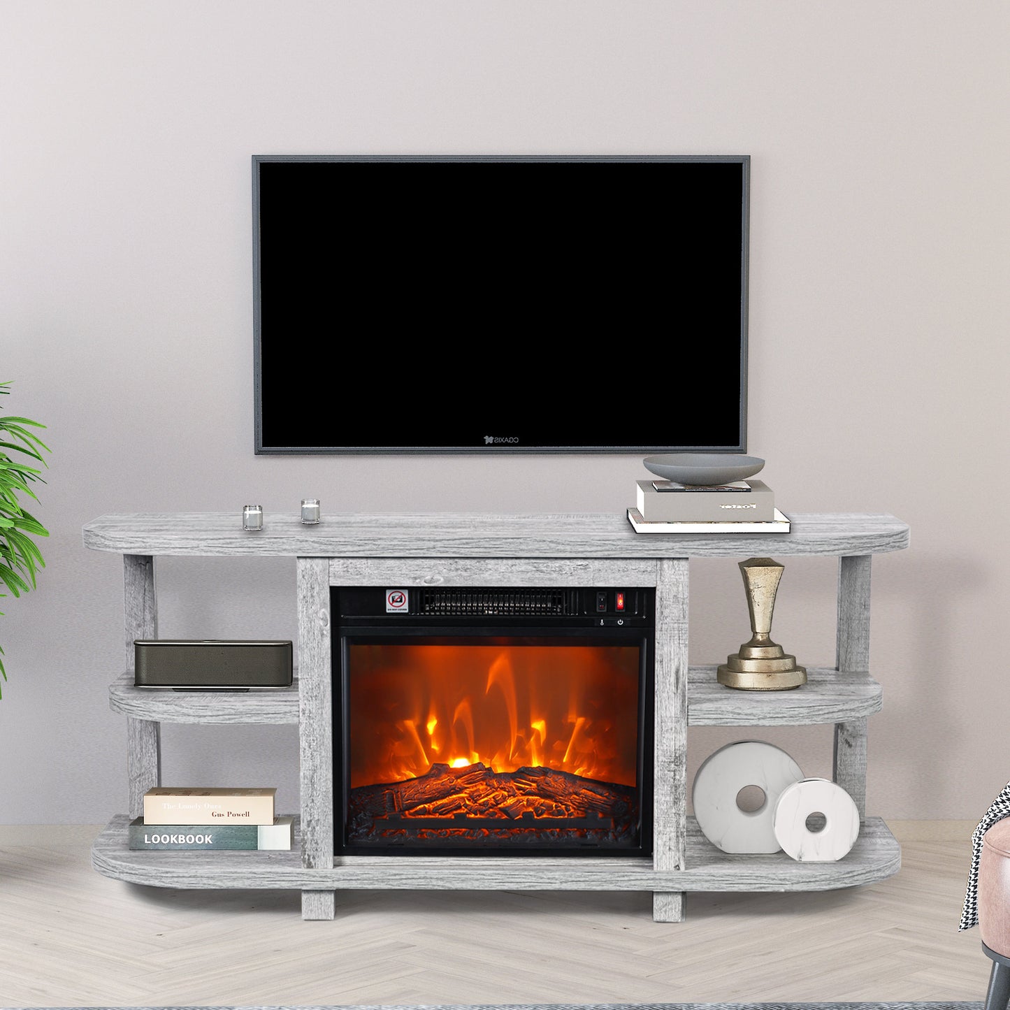 IHOMEADORE 48" White TV Stand with 18" Insert Electric Fireplace for TVs up to 55", Farmhouse