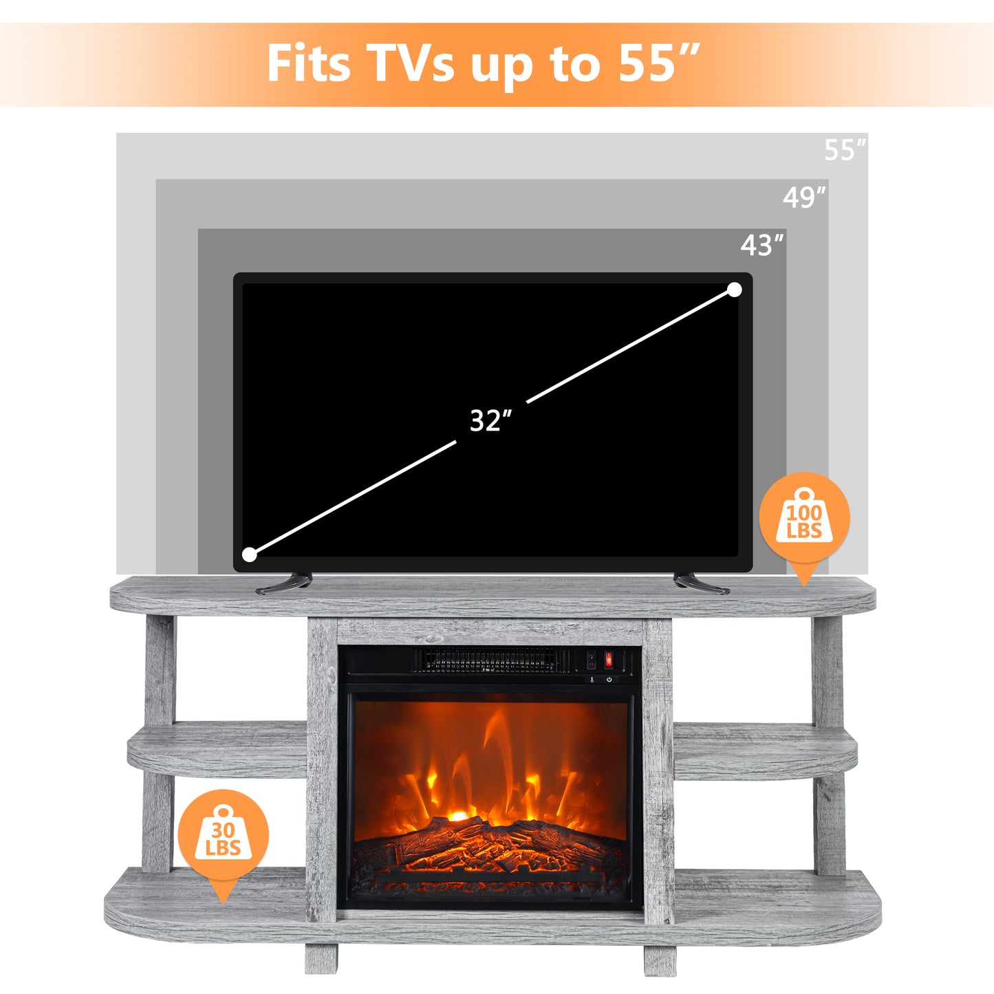 IHOMEADORE 48" White TV Stand with 18" Insert Electric Fireplace for TVs up to 55", Farmhouse