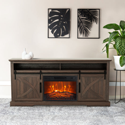 IHOMEADORE 68" Brown Sliding Barn Door Fireplace TV Stands Console Table with 23" Electric Fireplace, Farmhouse