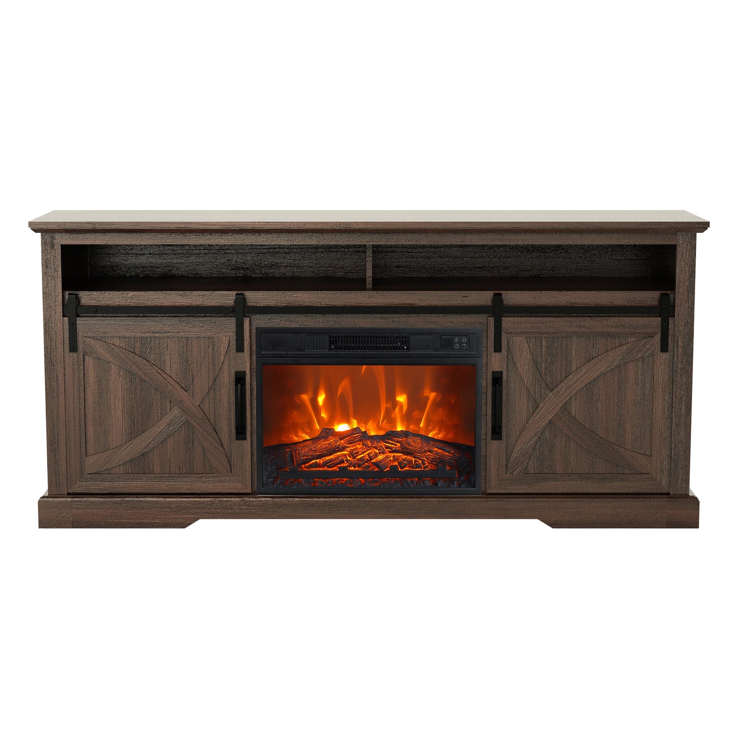 IHOMEADORE 68" Brown Sliding Barn Door Fireplace TV Stands Console Table with 23" Electric Fireplace, Farmhouse