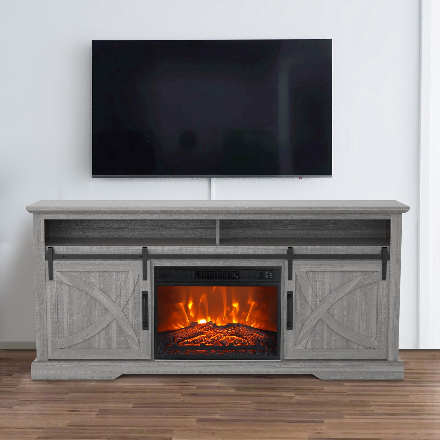 IHOMEADORE 68" Sliding Barn Door Fireplace TV Stands Console Table with 23" Electric Fireplace, Farmhouse