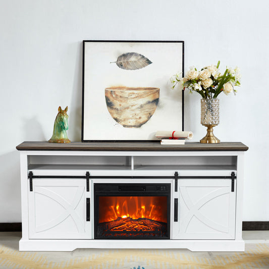 IHOMEADORE 68" White Sliding Barn Door Fireplace TV Stands Console Table with 23" Electric Fireplace, Farmhouse