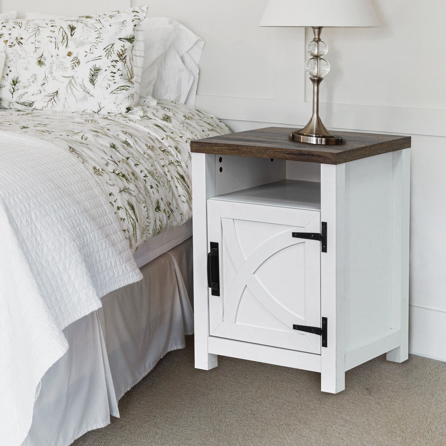 IHOMEADORE Nightstand with a Cabinet and Open Compartment, Farmhouse