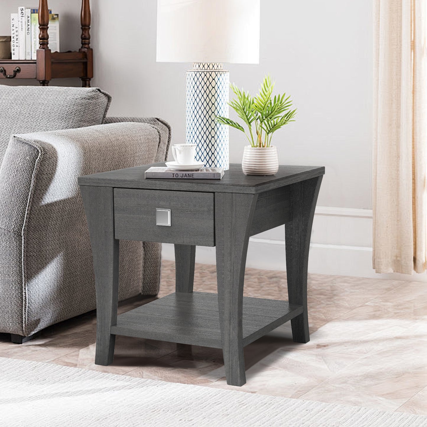 22" Gray Rustic Storage Side Table with Open Shelf, Farmhouse