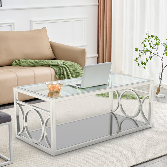 47.25"L Chrome Modern Coffee Table with Glass Top and Mirror Circle Accents