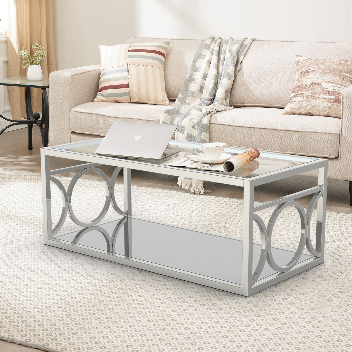 47.25"L Chrome Modern Coffee Table with Glass Top and Mirror Circle Accents