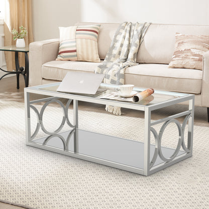 47.25"L Chrome Modern Coffee Table with Glass Top and Mirror Circle Accents