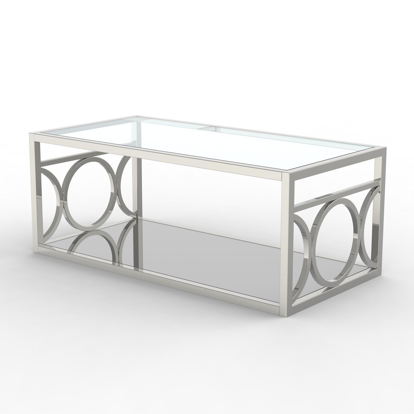 47.25"L Chrome Modern Coffee Table with Glass Top and Mirror Circle Accents