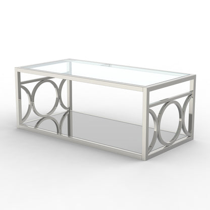 47.25"L Chrome Modern Coffee Table with Glass Top and Mirror Circle Accents