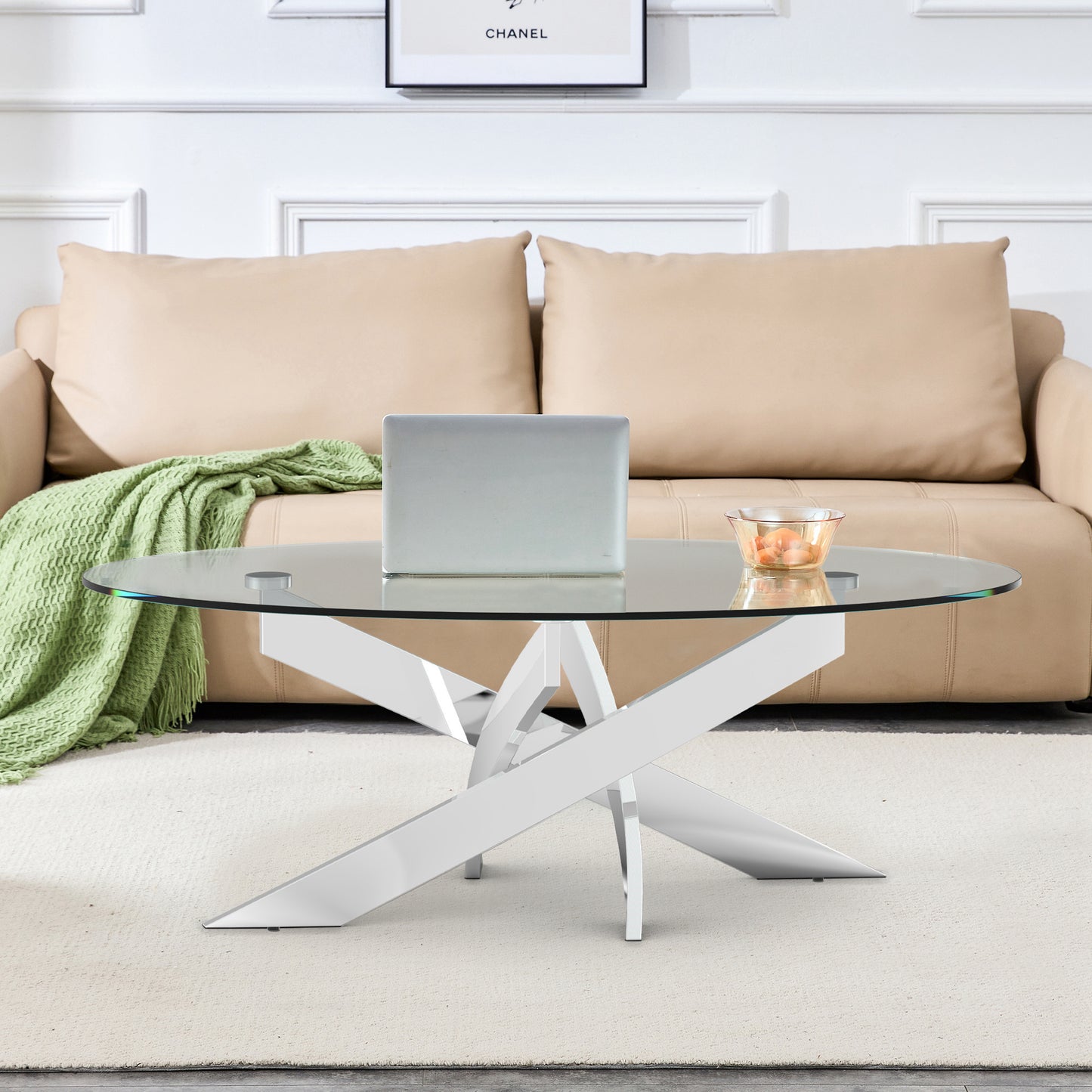 47.25"L Chrome Modern Coffee Table with 10mm Tempered Glass Top