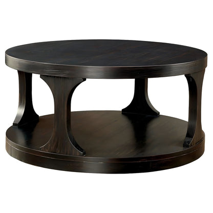 36" Round Traditional Coffee Table in Antique Black with Open Shelf