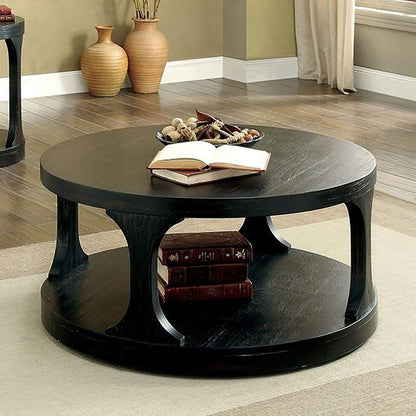 36" Round Traditional Coffee Table in Antique Black with Open Shelf