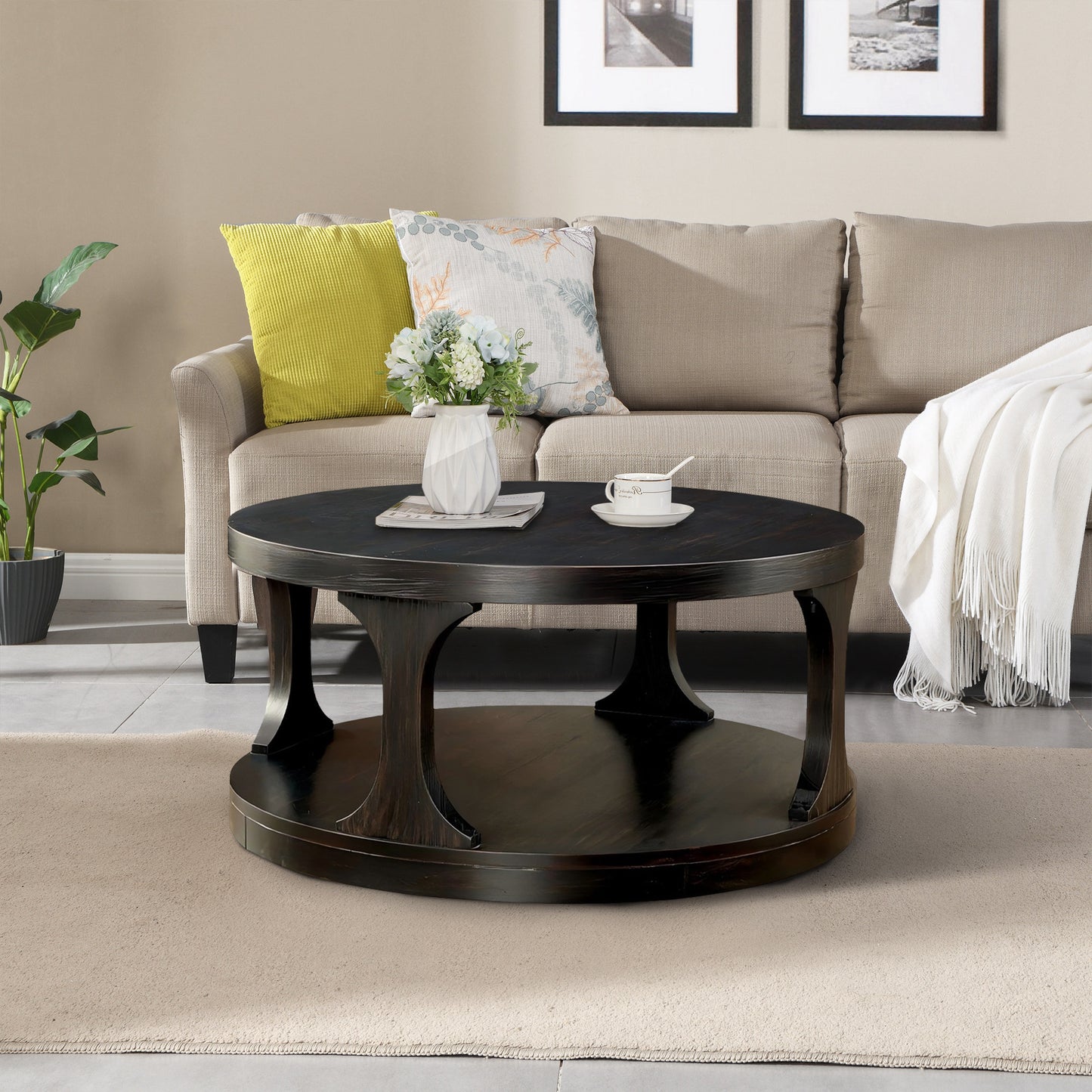 36" Round Traditional Coffee Table in Antique Black with Open Shelf