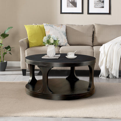 36" Round Traditional Coffee Table in Antique Black with Open Shelf