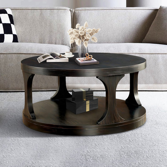 36" Round Traditional Coffee Table in Antique Black with Open Shelf