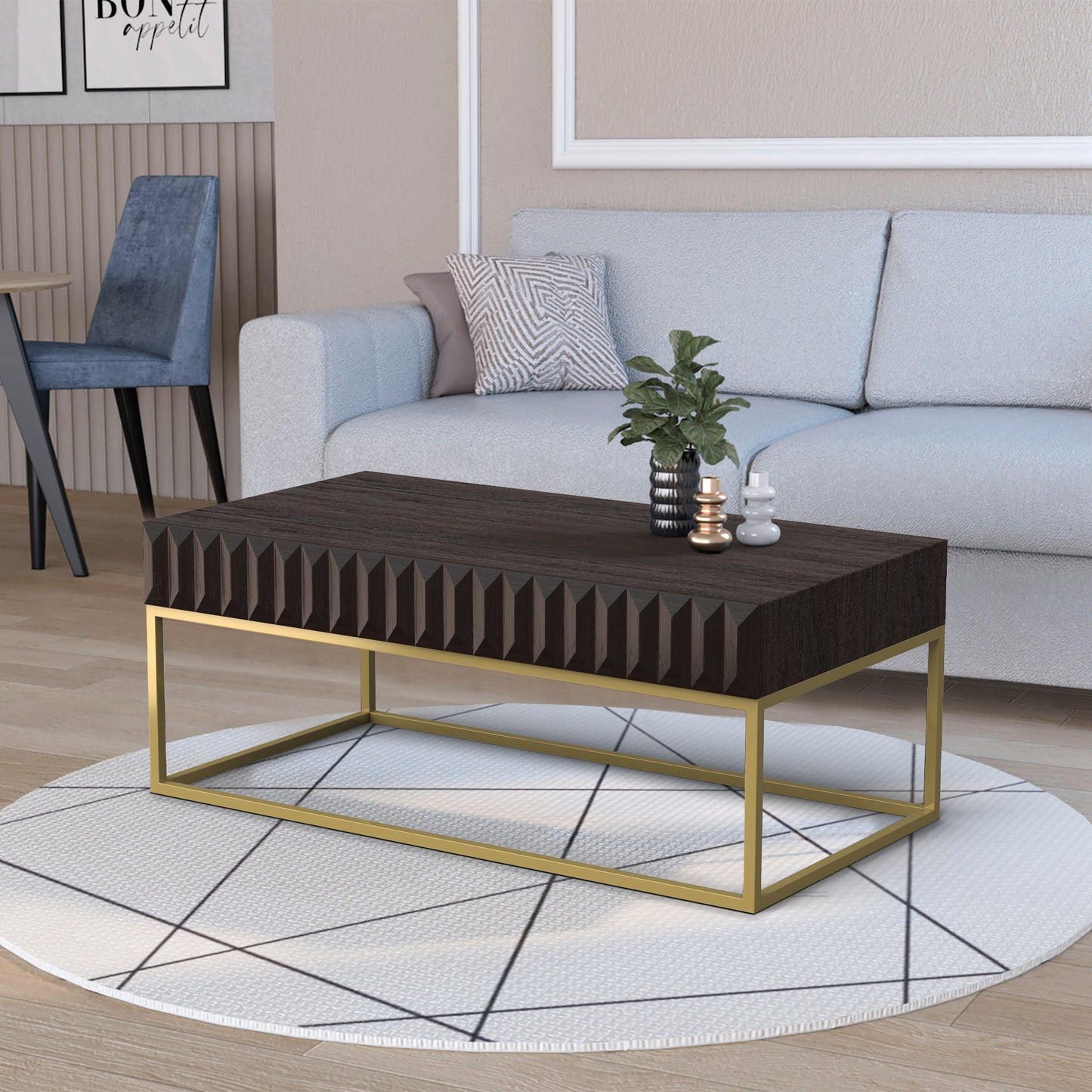 47.75"L Walnut and Gold Modern Coffee Table with Textured Panels and Concealed Drawers