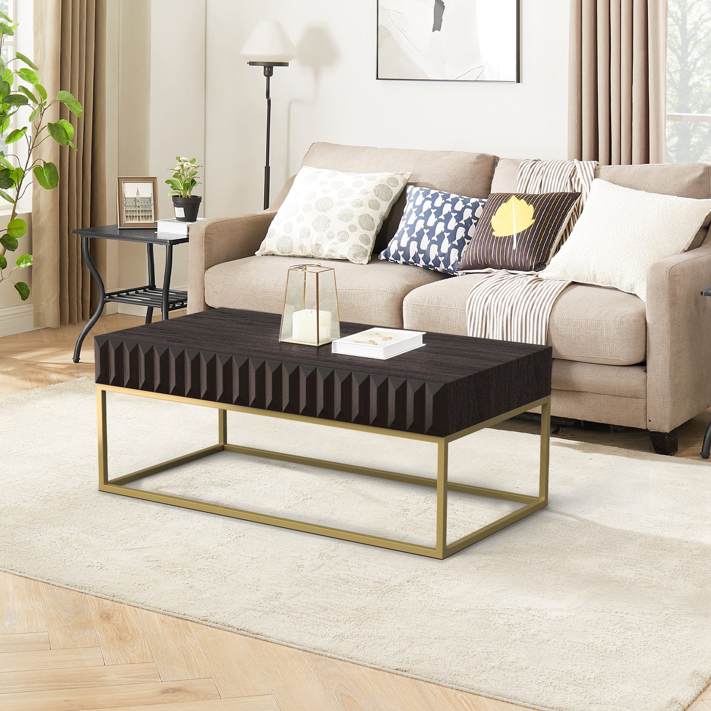 47.75"L Walnut and Gold Modern Coffee Table with Textured Panels and Concealed Drawers