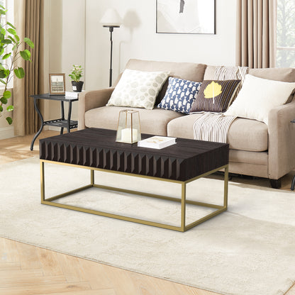 47.75"L Walnut and Gold Modern Coffee Table with Textured Panels and Concealed Drawers