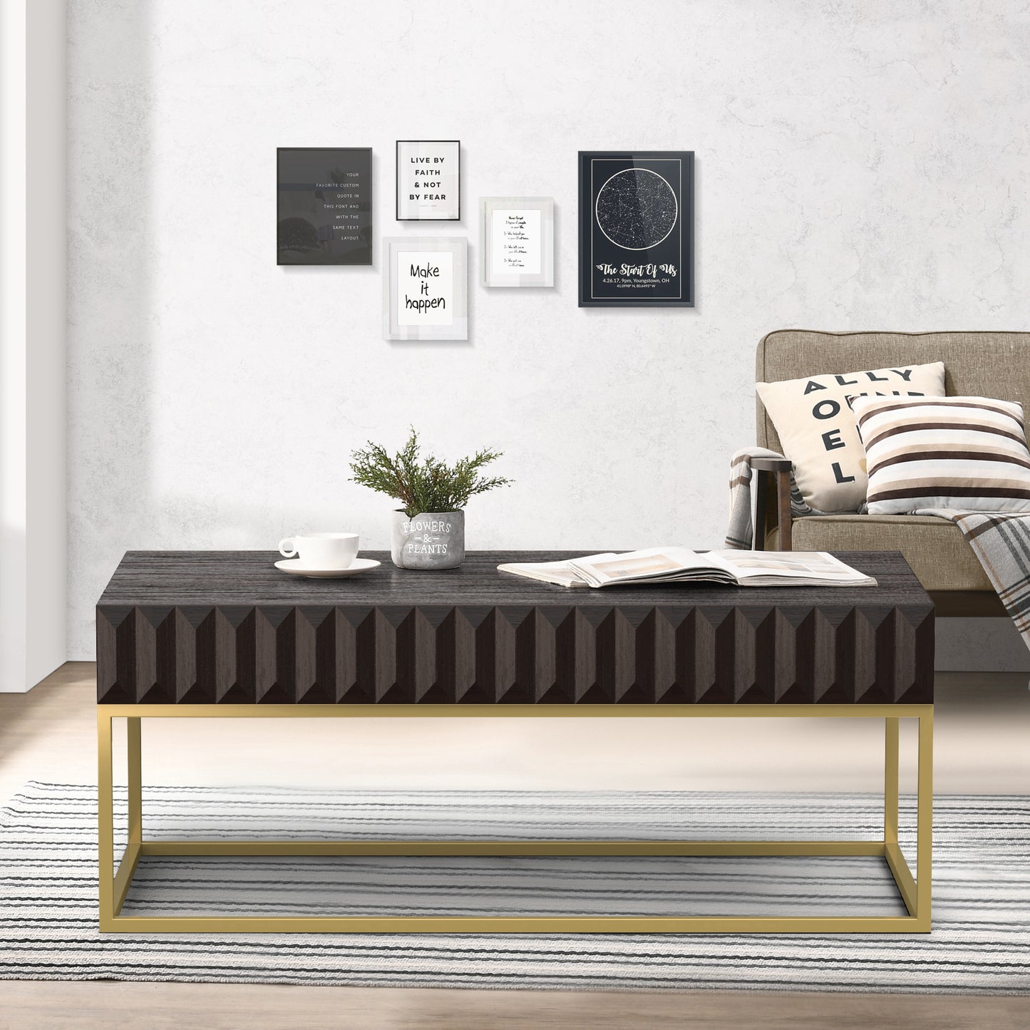 47.75"L Walnut and Gold Modern Coffee Table with Textured Panels and Concealed Drawers