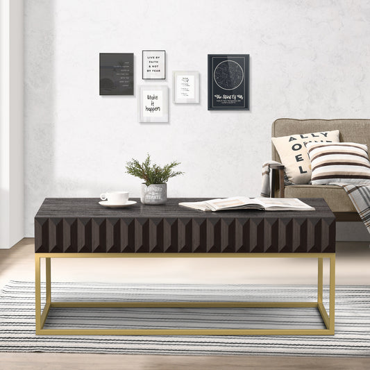 47.75"L Walnut and Gold Modern Coffee Table with Textured Panels and Concealed Drawers