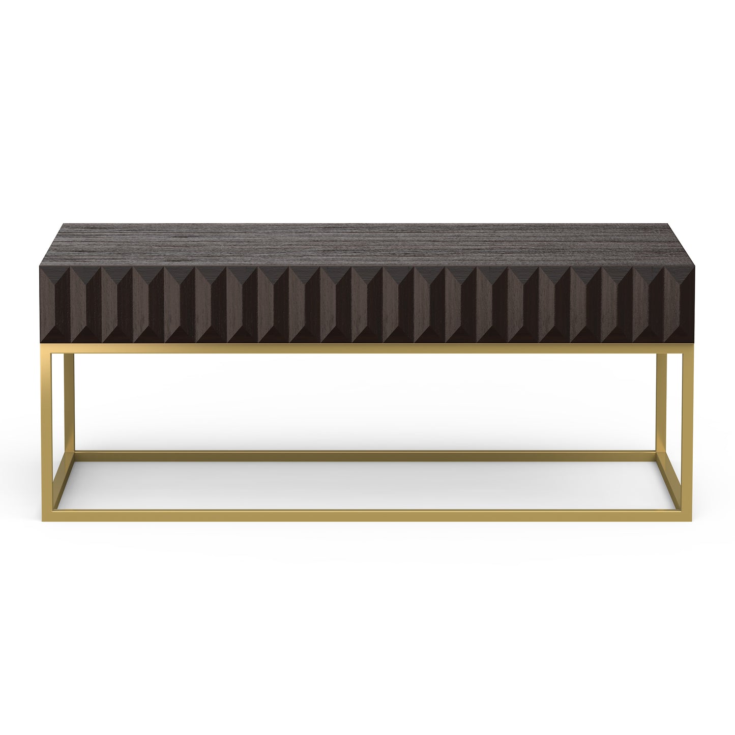 47.75"L Walnut and Gold Modern Coffee Table with Textured Panels and Concealed Drawers