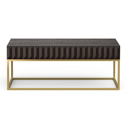 47.75"L Walnut and Gold Modern Coffee Table with Textured Panels and Concealed Drawers