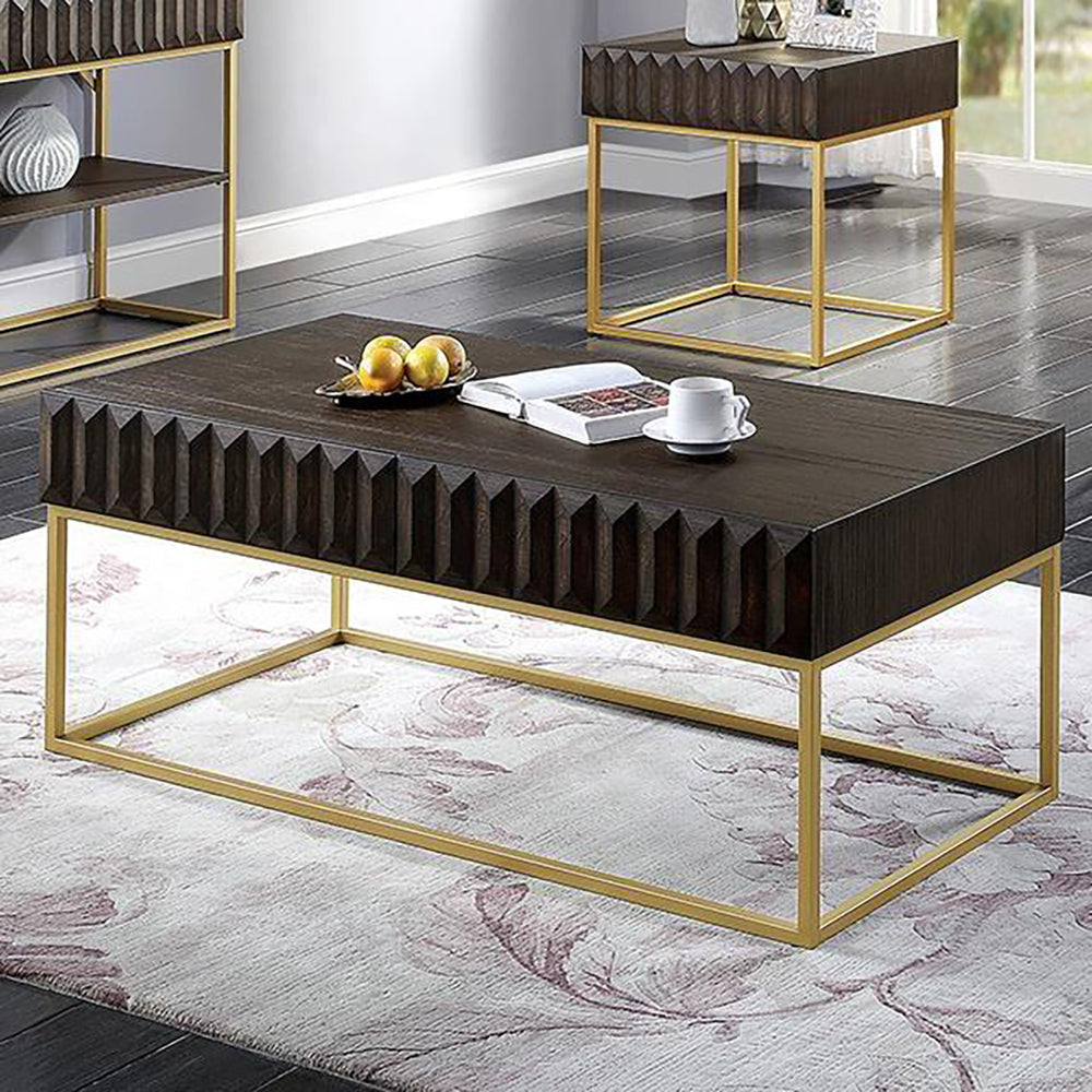 47.75"L Walnut and Gold Modern Coffee Table with Textured Panels and Concealed Drawers