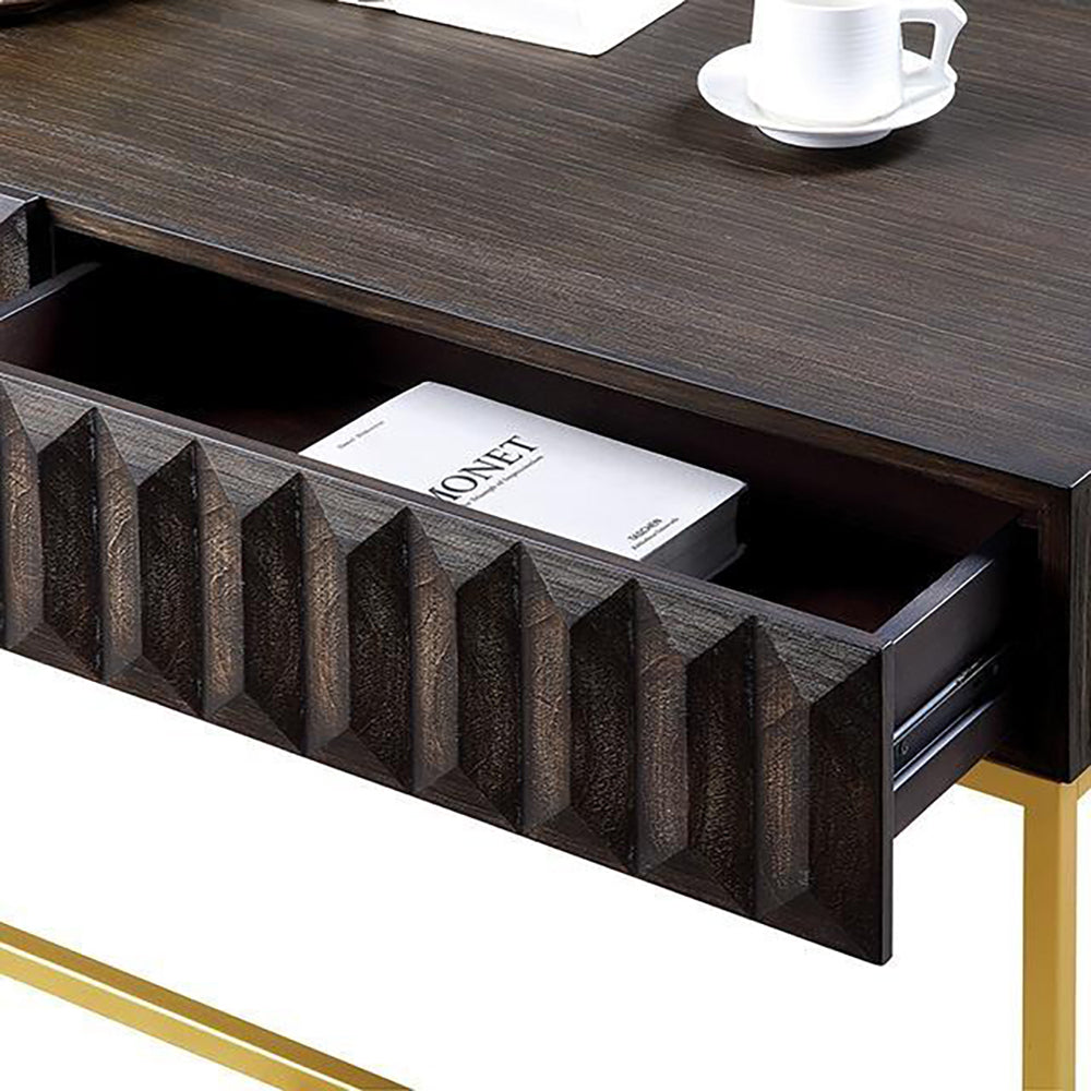 47.75"L Walnut and Gold Modern Coffee Table with Textured Panels and Concealed Drawers