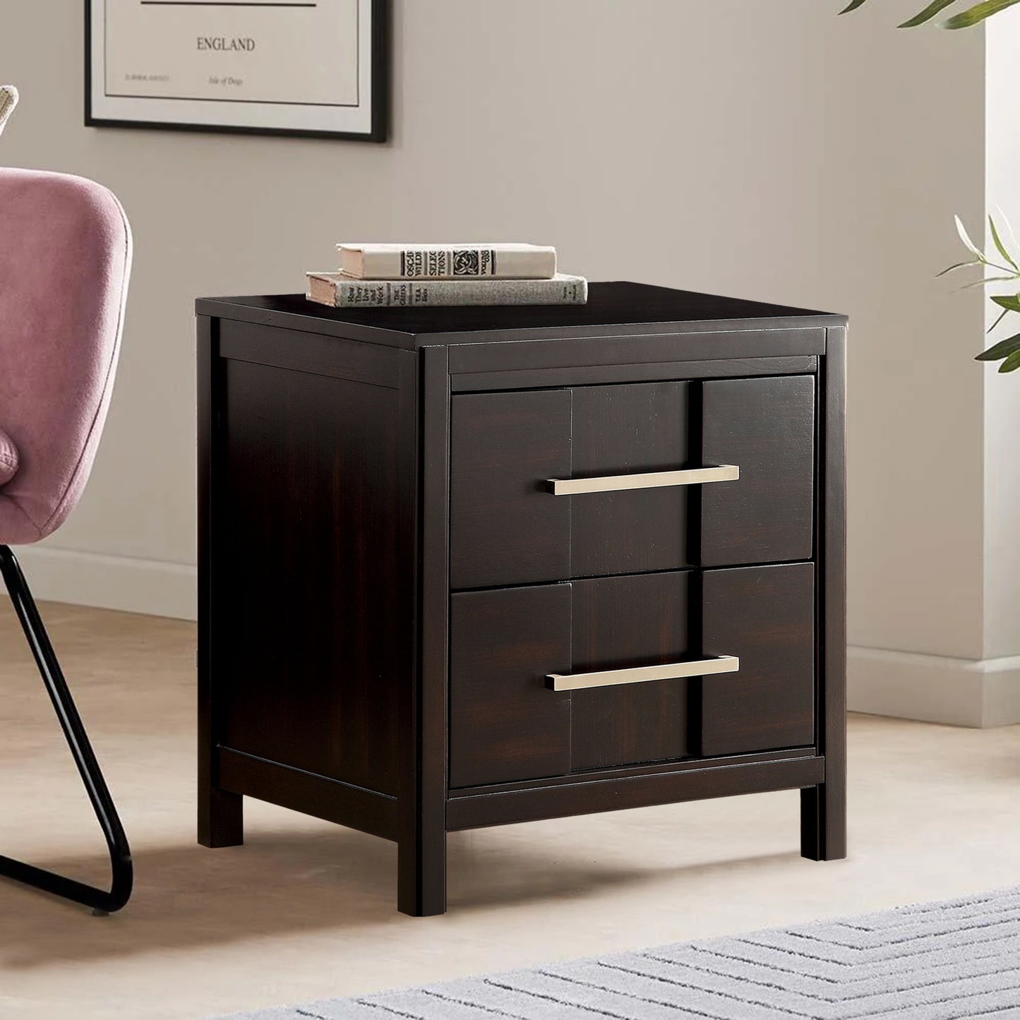 23.6" Transitional Espresso Night Stand with Felt-Lined Drawer and Nickel Bar Pulls
