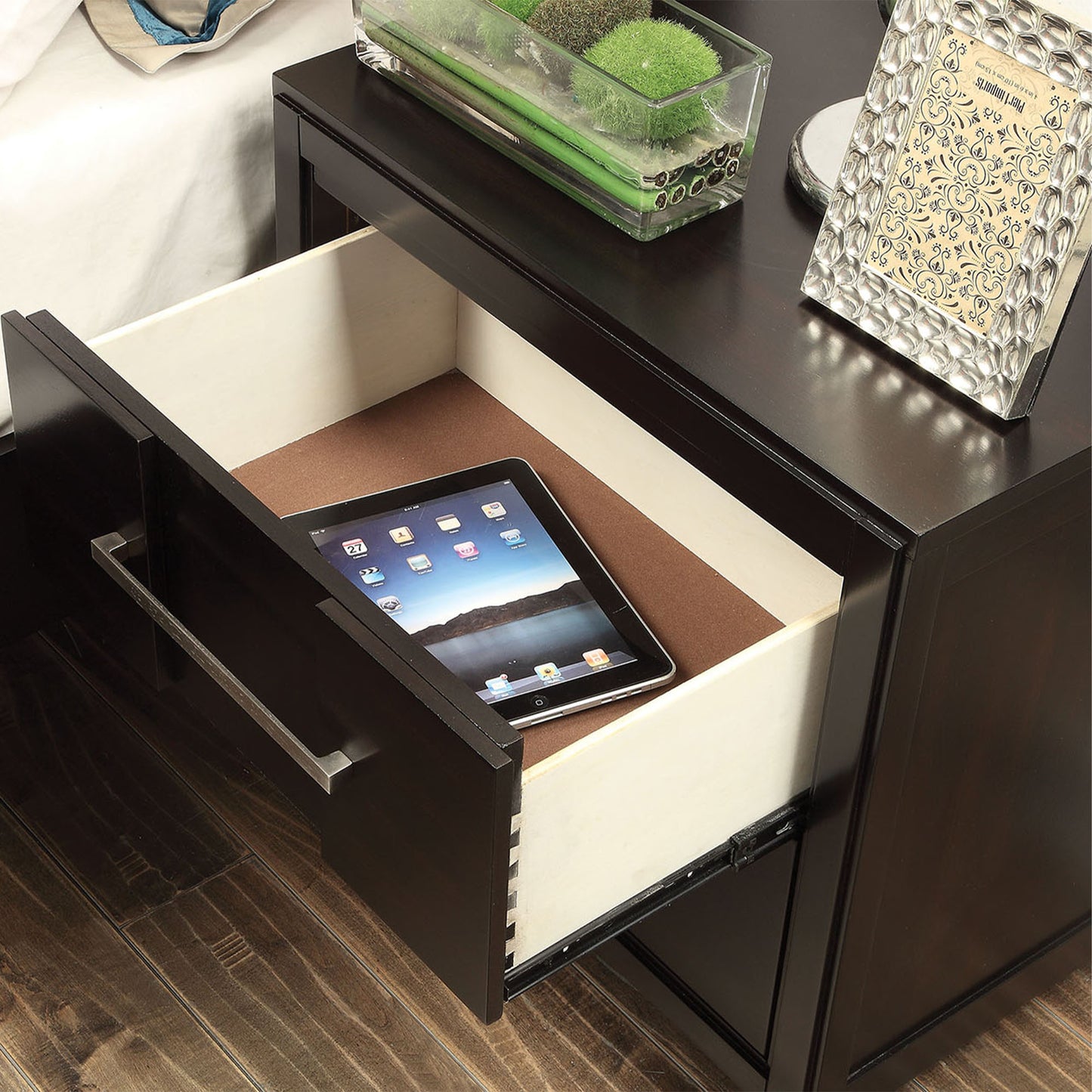 23.6" Transitional Espresso Night Stand with Felt-Lined Drawer and Nickel Bar Pulls