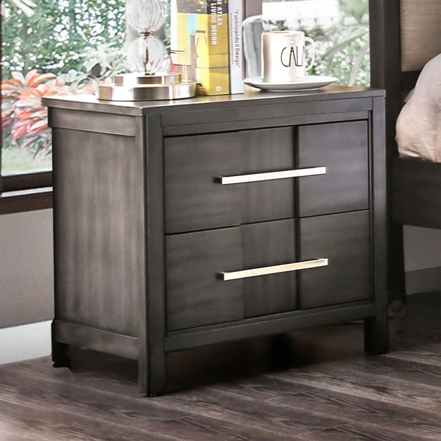 23.6" Contemporary Gray Night Stand with Felt-Lined Drawer and Nickel Bar Pulls