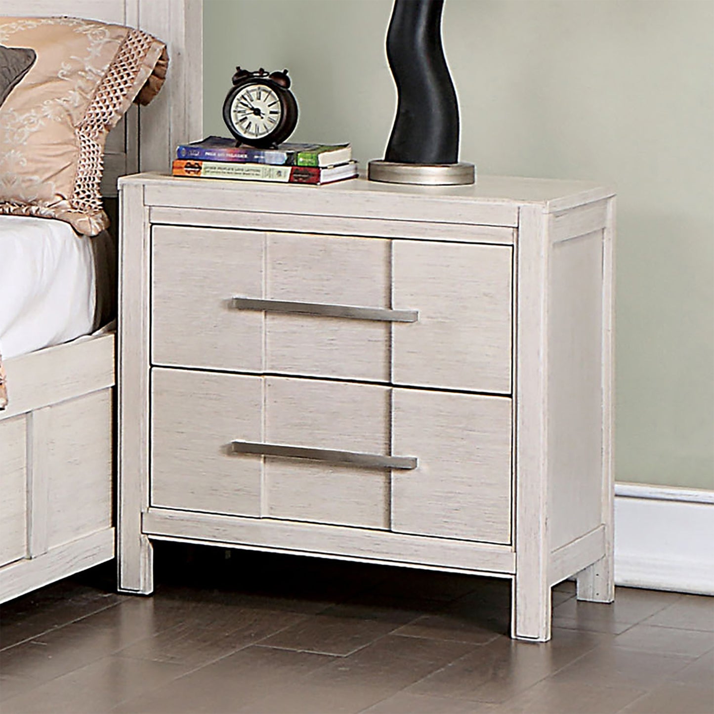 26" Modern White Night Stand with Felt-Lined Drawer and Nickel Bar Pulls