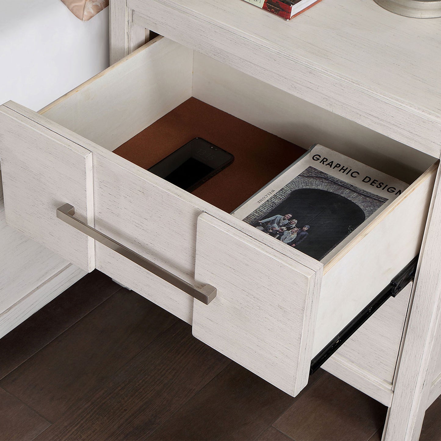 26" Modern White Night Stand with Felt-Lined Drawer and Nickel Bar Pulls