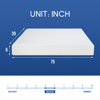 75"L x 39"W x 6"H White Plush Comfort Memory Foam Mattress , Roll-in-a-Box