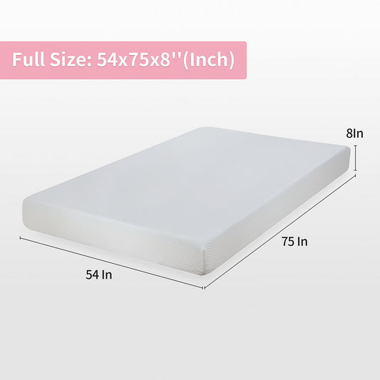 75"L x 54"W x 8"H White Memory Foam Mattress Plush Gel Infused Roll in a Box Full Size