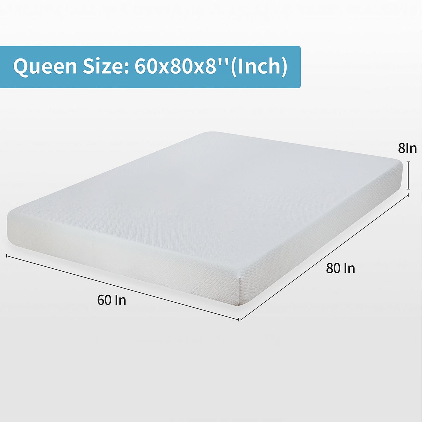 80“L x 60”W x 8“H White Memory Foam Mattress Plush Gel Infused Roll in a Box Queen Size